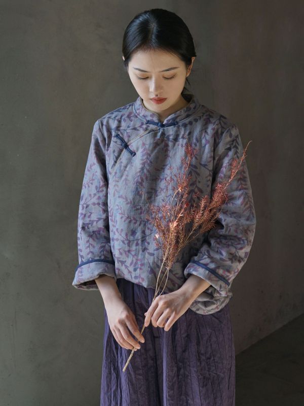 燕燕~數位印花斜襟小棉衣 復古立領加厚茶服棉襖上衣。   ab2328301 