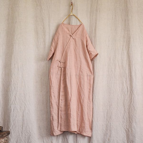 燕燕~苧麻 手工盤扣中國風改良禪意茶服中式復古文藝寬鬆長洋裝 連身裙 