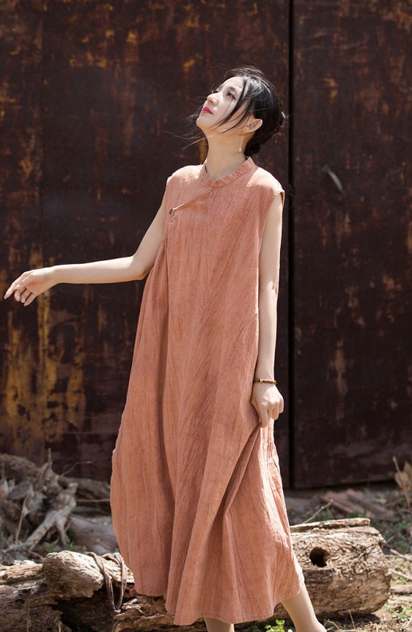 燕燕～秋冬薄款 苧麻棉手工紮染國風改良 無袖洋裝連身裙 