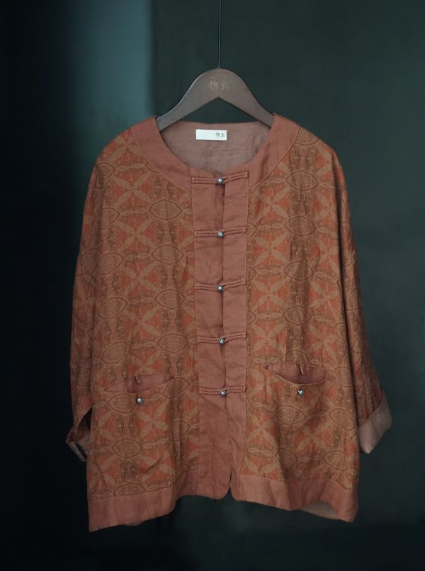 燕燕～早秋款。亞麻 復古數碼印花開衫 休閒對襟小外套 ab2224901 