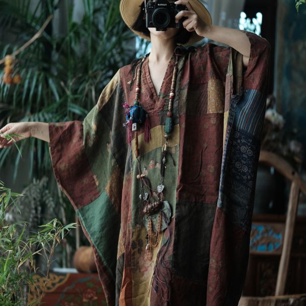 燕燕~寬鬆版型（此件商品不退換）~文藝復古棉麻襯衫裙 休閒寬鬆中袖V領連身裙袍子洋裝 ab221001 