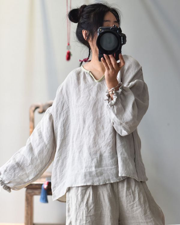 春夏新款 亞麻材質燈籠袖襯衫  木耳邊鬆緊袖上衣 