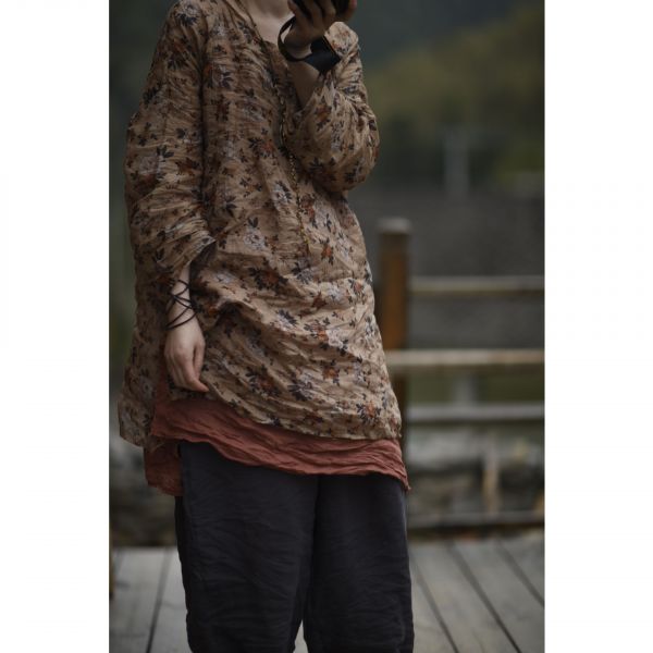 燕燕～夏款  苧麻  文藝復古印花圓領套頭落肩中長衫上衣 