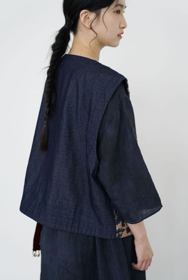 燕燕~復古藍染印花對襟夾棉 全新中式椰殼扣加厚背心 ab2531501 