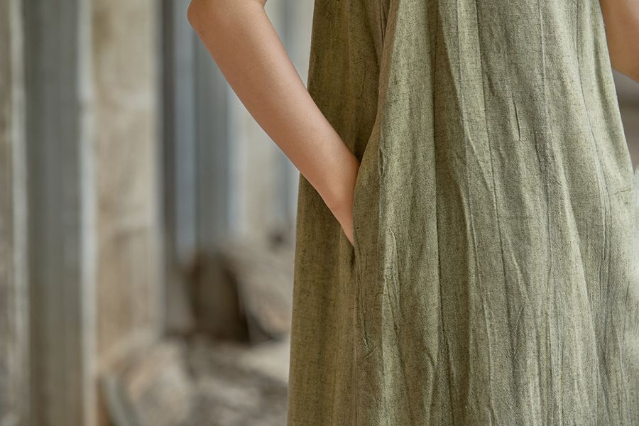 燕燕~秋款 亞麻紮染長裙 寬鬆顯瘦簡約無袖洋裝 連身裙 