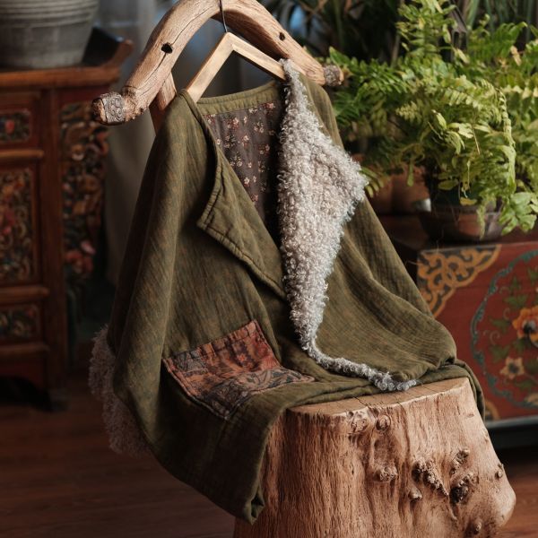 燕燕~秋冬新款 復古文藝羊捲毛翻領夾棉棉衣外套 ab227601 