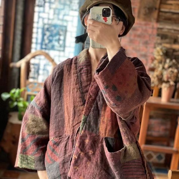 燕燕~棉麻商品~純亞麻 仿香雲紗印花繫帶復古棉衣棉外套   ab192801 