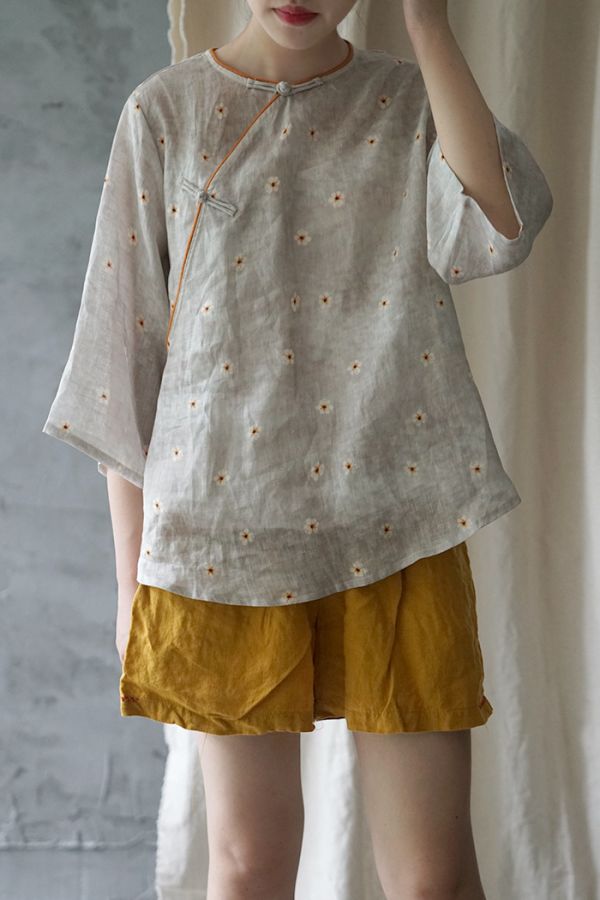 燕燕~棉麻商品~清新印花圓領款式 斜襟盤扣設計 襯衫 茶服上衣 七分袖棉麻衫 ab1919801 