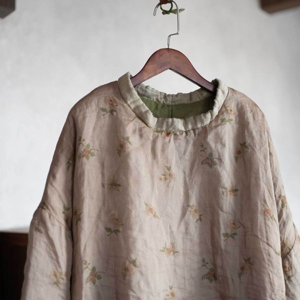 燕燕~秋冬新款 苧麻夾棉 數位印花高領棉衣 文藝休閒棉服上衣 