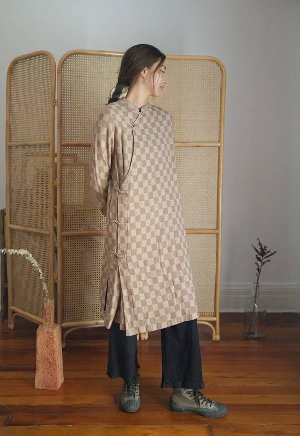 燕燕棉麻～亞麻 立領斜襟格紋長旗袍 顯瘦雙層旗袍 洋裝 連身裙 ab2128501 
