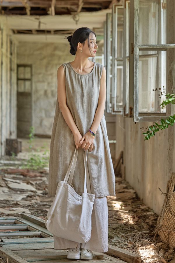 燕燕~秋款 亞麻紮染長裙 寬鬆顯瘦簡約無袖洋裝 連身裙 