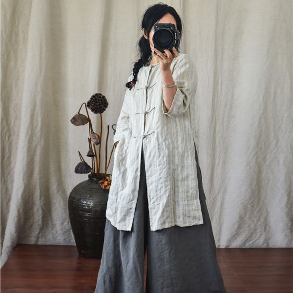 燕燕~亞麻材質 條紋中長款高開叉中長版襯衫  復古盤扣開衫外套 可當洋裝 連身裙 
