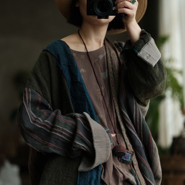 燕燕~秋款 復古文藝棉麻拼色外披薄外套 ab234901 