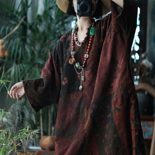 燕燕~秋冬新款 復古文藝V領拼布粗條絨棉袍洋裝 連身裙 ab222101 