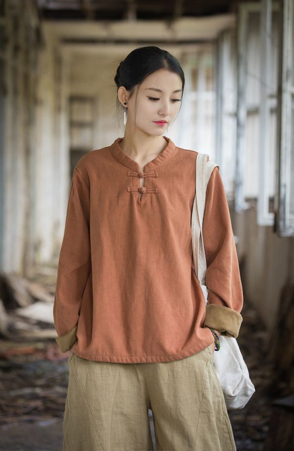 燕燕~秋冬新款 苧麻加絨加厚打底衫 盤扣復古文藝上衣T恤 (加絨加厚設計） 