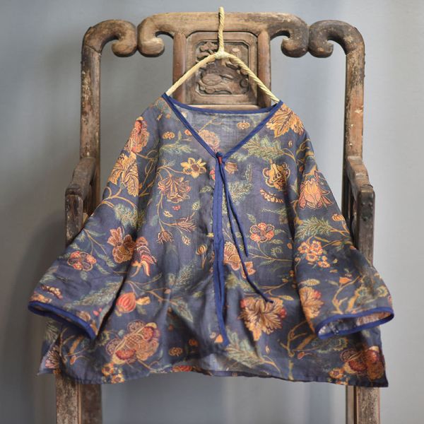 燕燕~春夏新品 復古國風印花長尾盤扣小衫 個性文藝小V領上衣 