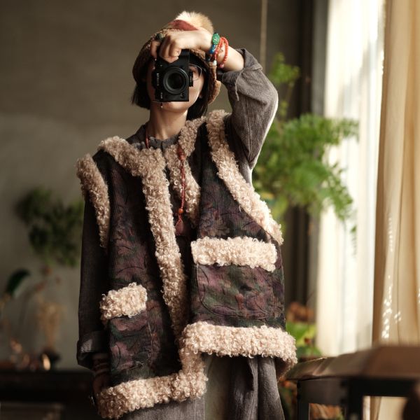 燕燕~復古燈芯絨羊捲毛大口袋夾棉加厚背心 ab222301 