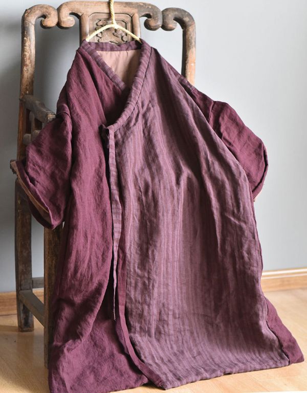 燕燕~拼色設計 亞麻夾棉寬鬆斜襟開衫棉衣外套 長大衣 