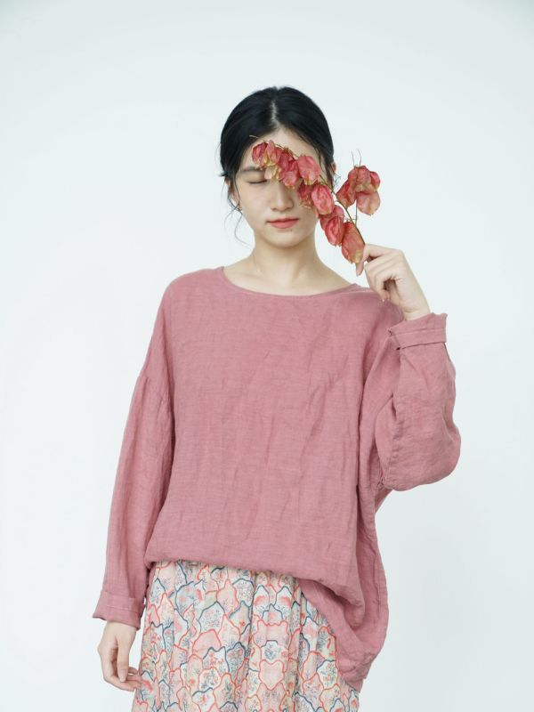 燕燕～亞麻～秋季簡約氣質百搭圓領套頭襯衫 打底寬鬆上衣  ab2526401 