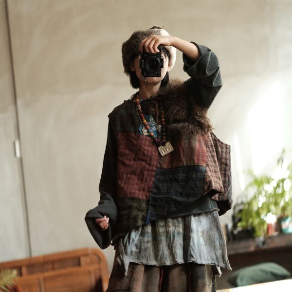 燕燕~純手工老布拼貼小眾氛圍感老布拼皮草夾棉背心 ab226401 (此件不退換） 