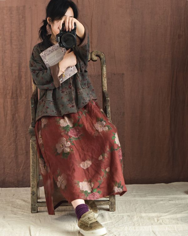 燕燕~春秋新款。亞麻 復古碎花鬆緊腰碎花側開叉長裙 