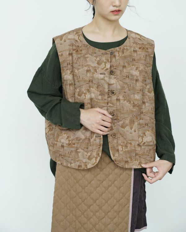 燕燕~復古藍染印花對襟夾棉 全新中式椰殼扣加厚背心 ab2531501 