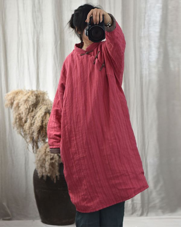 燕燕~秋款 條紋色織亞麻棉袍 復古斜襟盤扣寬鬆長棉衣手縫線棉服連身裙 洋裝 (此件商品不退換） 