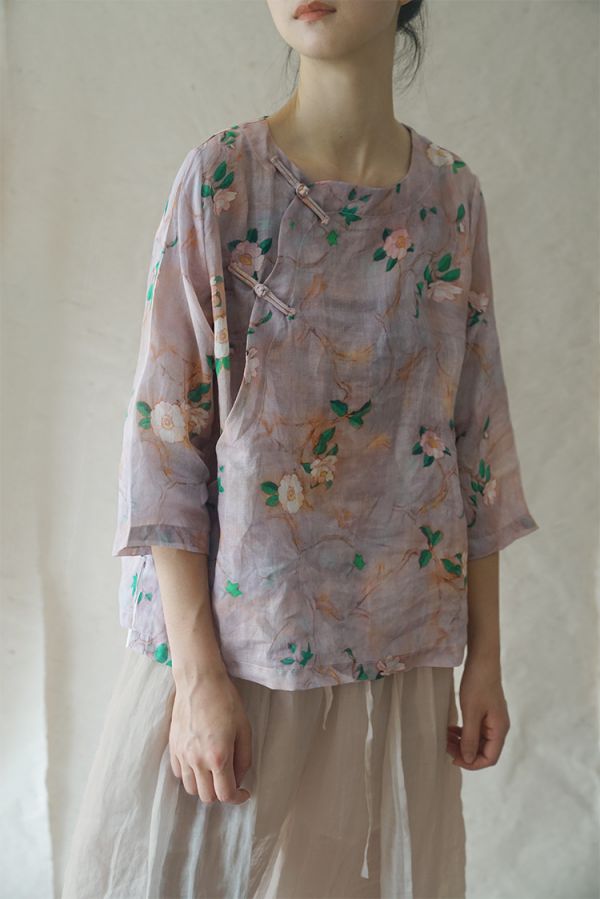 燕燕~棉麻商品 苧麻印花材質 清雅顯瘦襯衫茶服 七分袖棉麻衫 1-2216 