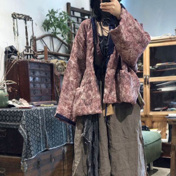 燕燕~秋冬新款 復古文藝絲麻混紡寬鬆繫帶中式復古上衣 外套 