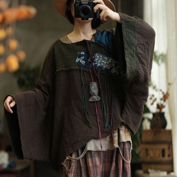 燕燕~復古棉麻貼布斜襟扣盤寬鬆百搭打底T恤 上衣 ab237301 