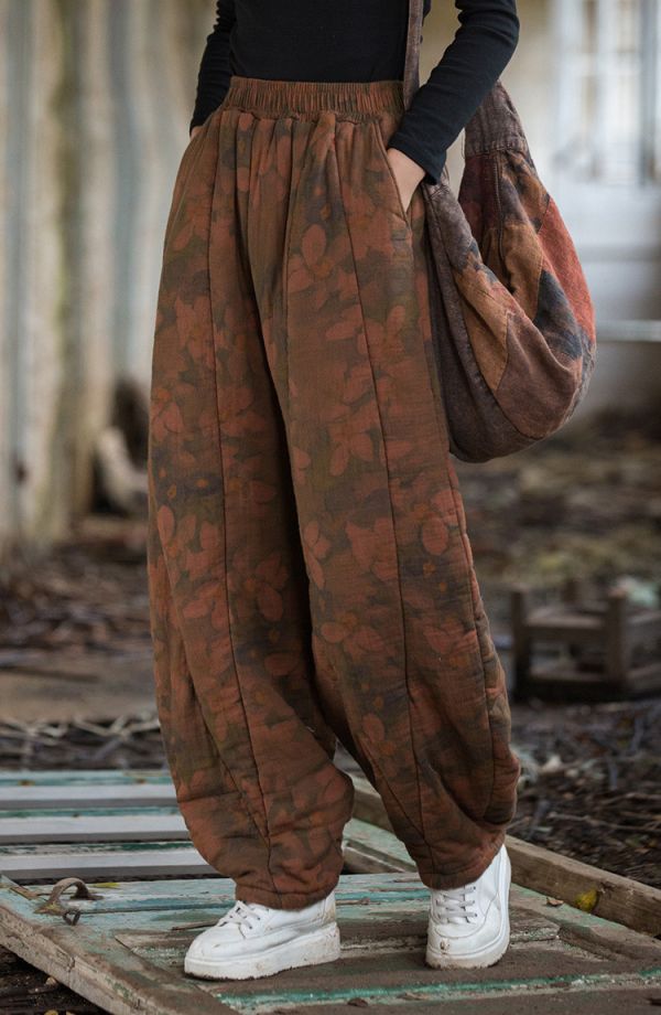 燕燕～秋冬新款 手染夾棉絎縫褲子12片拼接文藝燈籠褲女式棉褲 