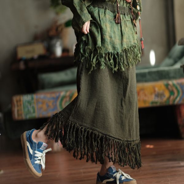 燕燕～復古文藝棉麻個性慵懶風撞色流蘇長裙   ab225101 