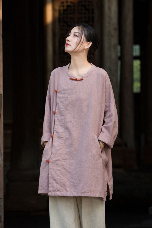 燕燕~秋季新款 苧麻砂洗大開襟衫 新中式改良簡約禪意上衣 