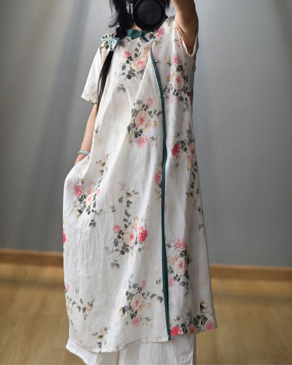 燕燕~棉麻商品 苧麻材質 數碼印花斜襟盤扣文藝開衩長旗袍 洋裝 連身裙  