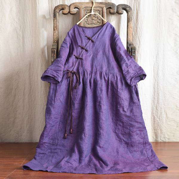 燕燕~棉麻商品~春夏秋新款 色織亞麻V領寬鬆繫帶盤扣洋裝 連身裙 