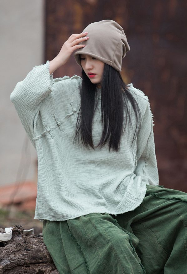 燕燕 秋冬新款  雙層棉砂洗磨毛百搭T恤 棉麻改良盤扣禪意上衣 