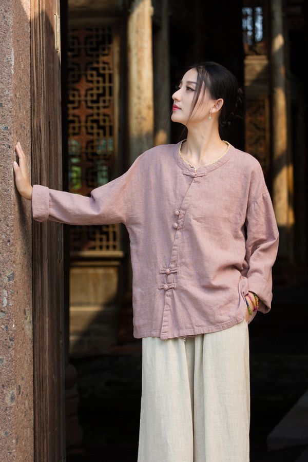 燕燕~秋冬新款 苧麻砂洗設計小衫 盤扣領花邊國風改良襯衫 上衣 