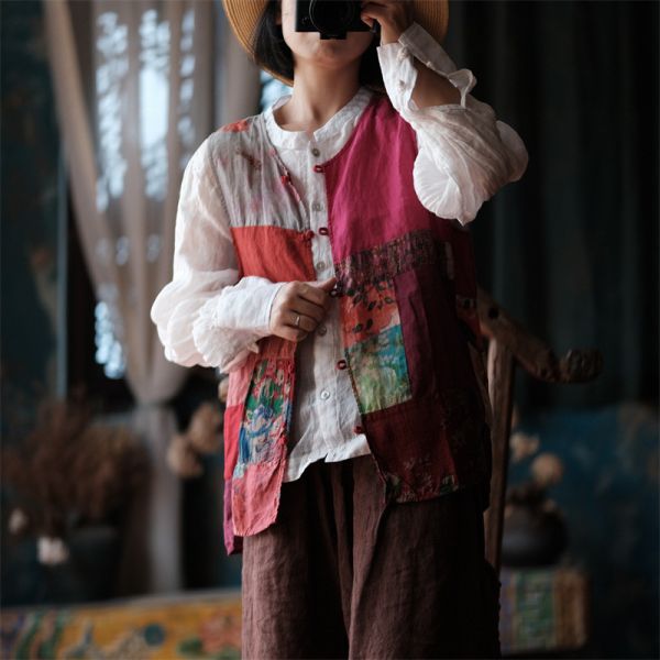 燕燕~棉麻新品~秋季新款 棉麻 手工拼布寬鬆盤扣坎肩背心  ab154901 