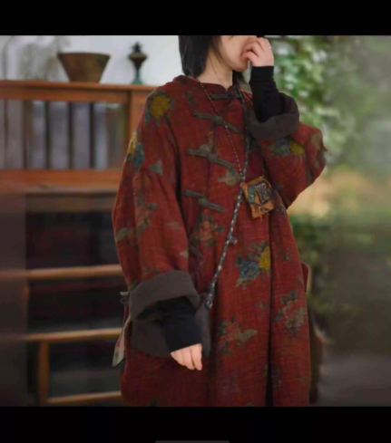 燕燕~秋冬新款 雙層亞麻偏襟盤扣中式復古長袍  ab27401 (此件商品不退換） 