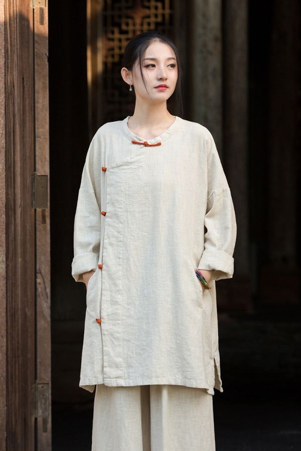燕燕~秋季新款 苧麻砂洗大開襟衫 新中式改良簡約禪意上衣 