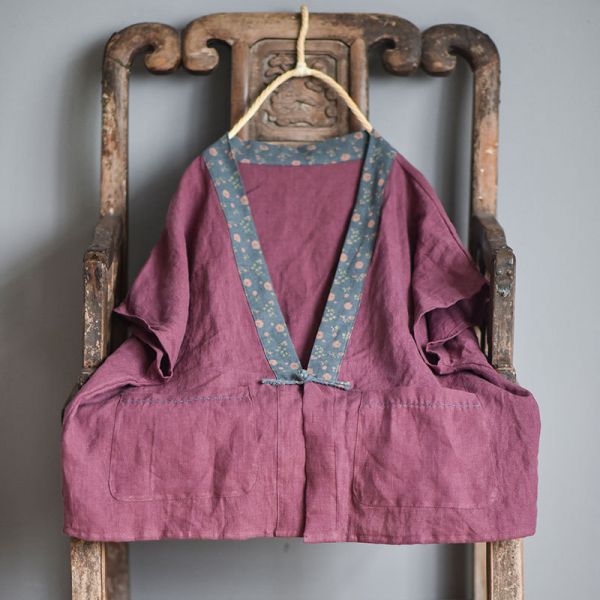 特價款 燕燕~棉麻商品~日系森林系~春秋款 亞麻材質 撞色寬鬆手工盤扣上衣 短袖棉麻衫 可當外套 