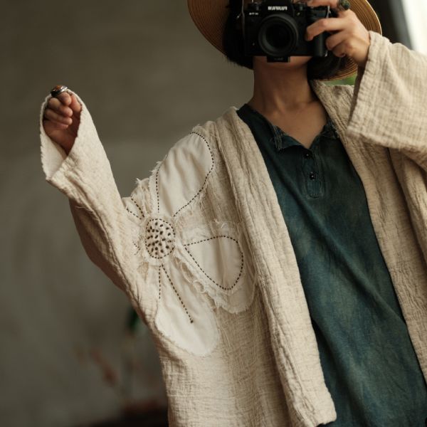 燕燕~復古雙層洗皺棉麻文藝手工繡花貼花開襟外套 ab221601 