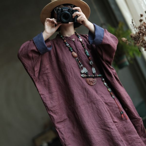 燕燕~水洗麻~撞色手繡寬鬆大袍洋裝 連身裙。ab149101 