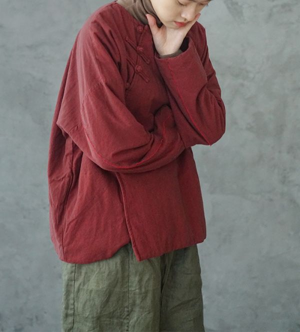 燕燕棉麻～盤扣款式 補丁斜紋短棉衣上衣 復古禪意寬鬆色織棉襖 上衣 ab2137101 