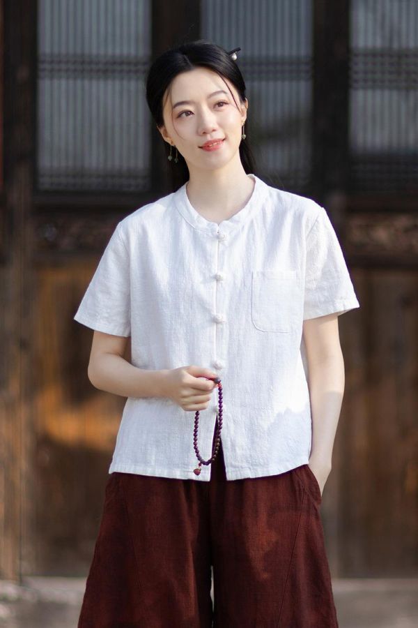 燕燕~夏季新款 莧麻短袖襯衫中國風改良唐裝小立領手工盤扣開襟衫 