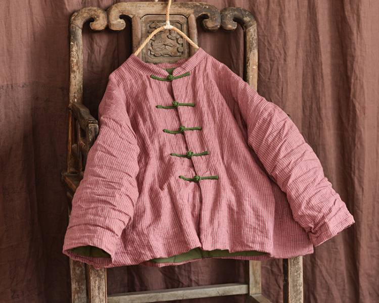 燕燕~棉麻商品~亞麻材質 色織條紋中式盤扣夾棉短棉衣外套 