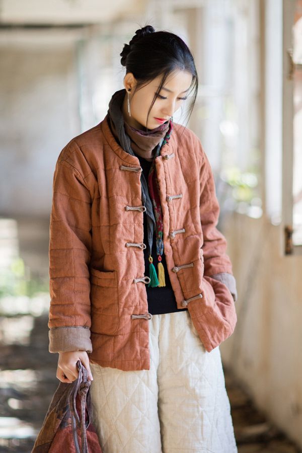 燕燕~冬季新款 苧麻夾棉方格絎縫棉襖短版棉衣外套 