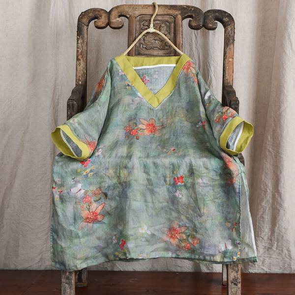 燕燕~棉麻商品 夏款V領 數碼印花苧麻文藝休閒上衣  （寬鬆版型） 