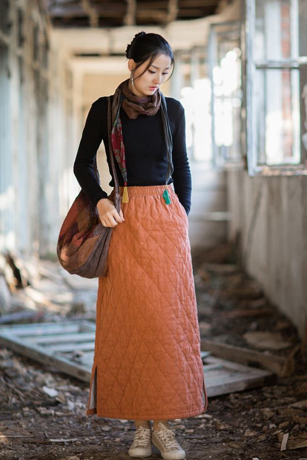 燕燕~冬季新款 苧麻夾棉加厚絎縫菱格長裙 