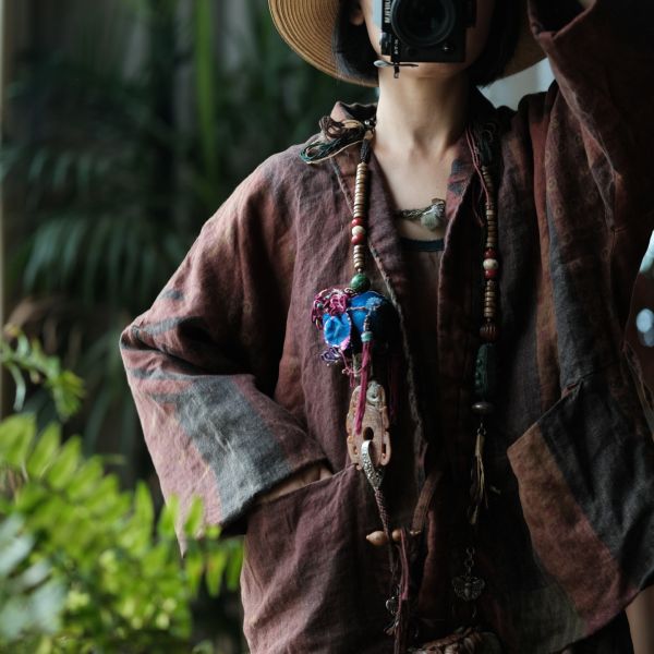 燕燕~棉麻商品~純亞麻 仿香雲紗印花繫帶復古棉衣棉外套   ab192801 